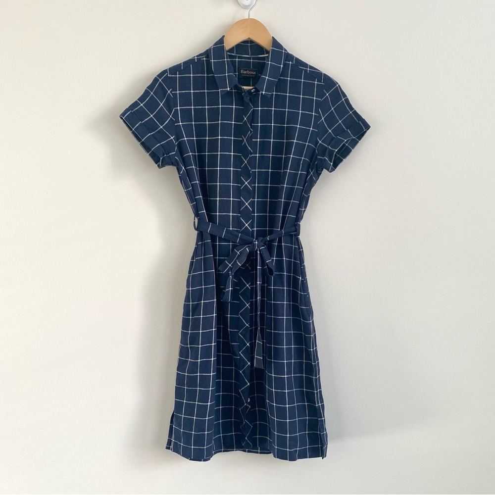Barbour Blue Retro Windowpane Linen Button Down Lorne Shirt Dress